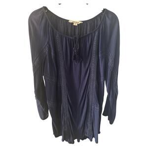 Lucky Brand Women’s 1X Navy Crochet Boho Peasant Tunic Top Tassel Long Sleeve